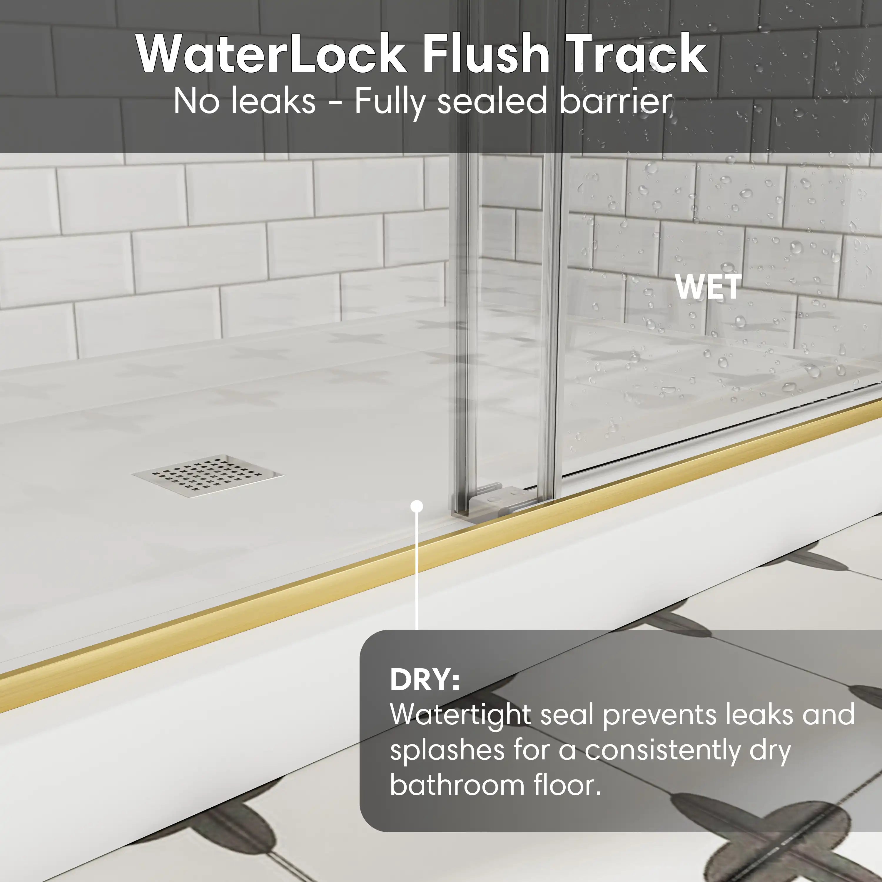 WaterLock flush track for frameless brushed gold shower door 48 x 74, providing leak-proof bottom seal. | Ace Decor