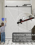 GentleClose safety buffer system on black frameless sliding shower door, size 60 x 74, ensuring safe and soft close | Ace Decor