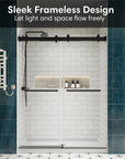 Frameless double sliding glass shower doors with sleek black design, enhancing light and openness in the bathroom | Ace Decor