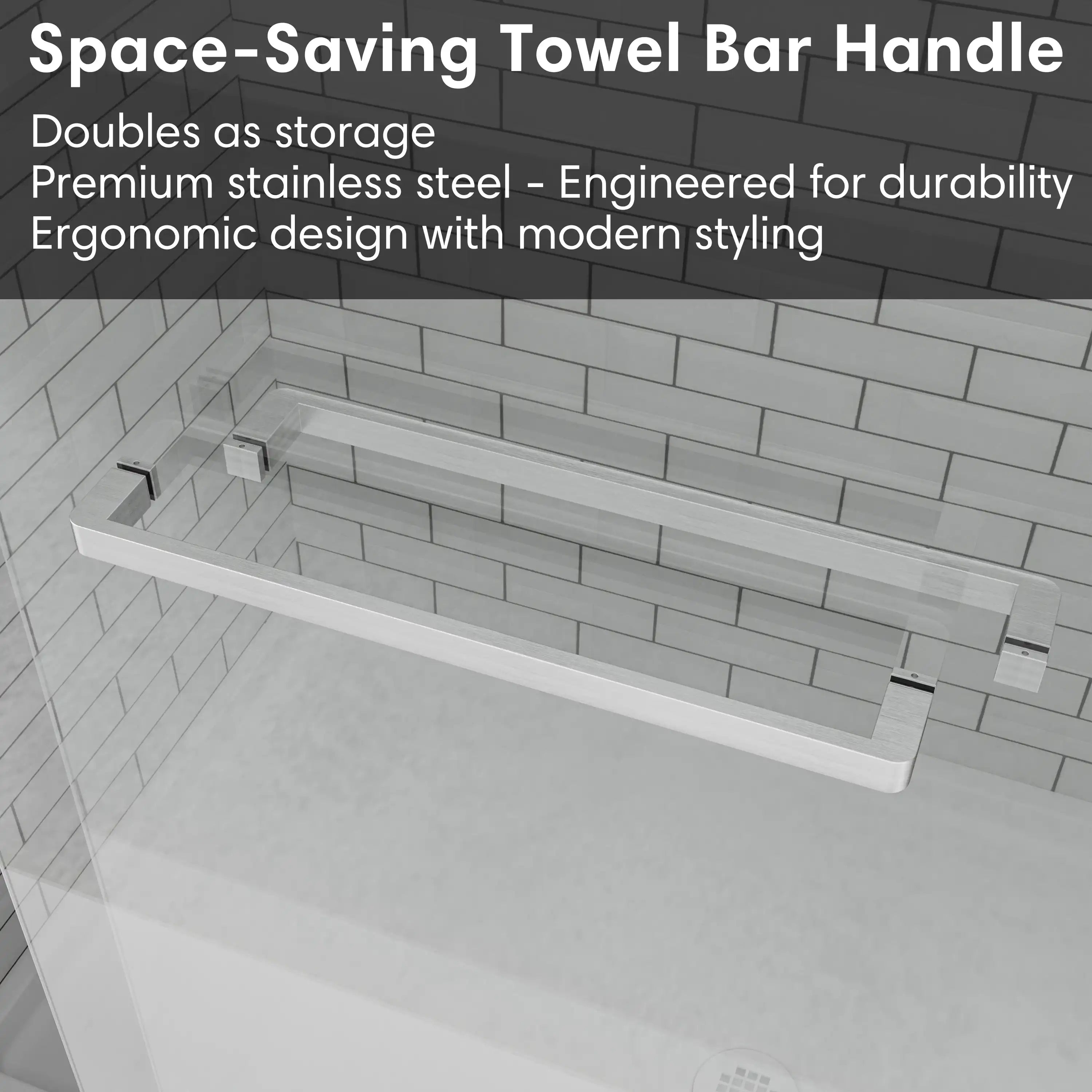 Space-saving towel bar handle on sliding shower doors brushed nickel, frameless design, size 60 x 74 | Ace Decor
