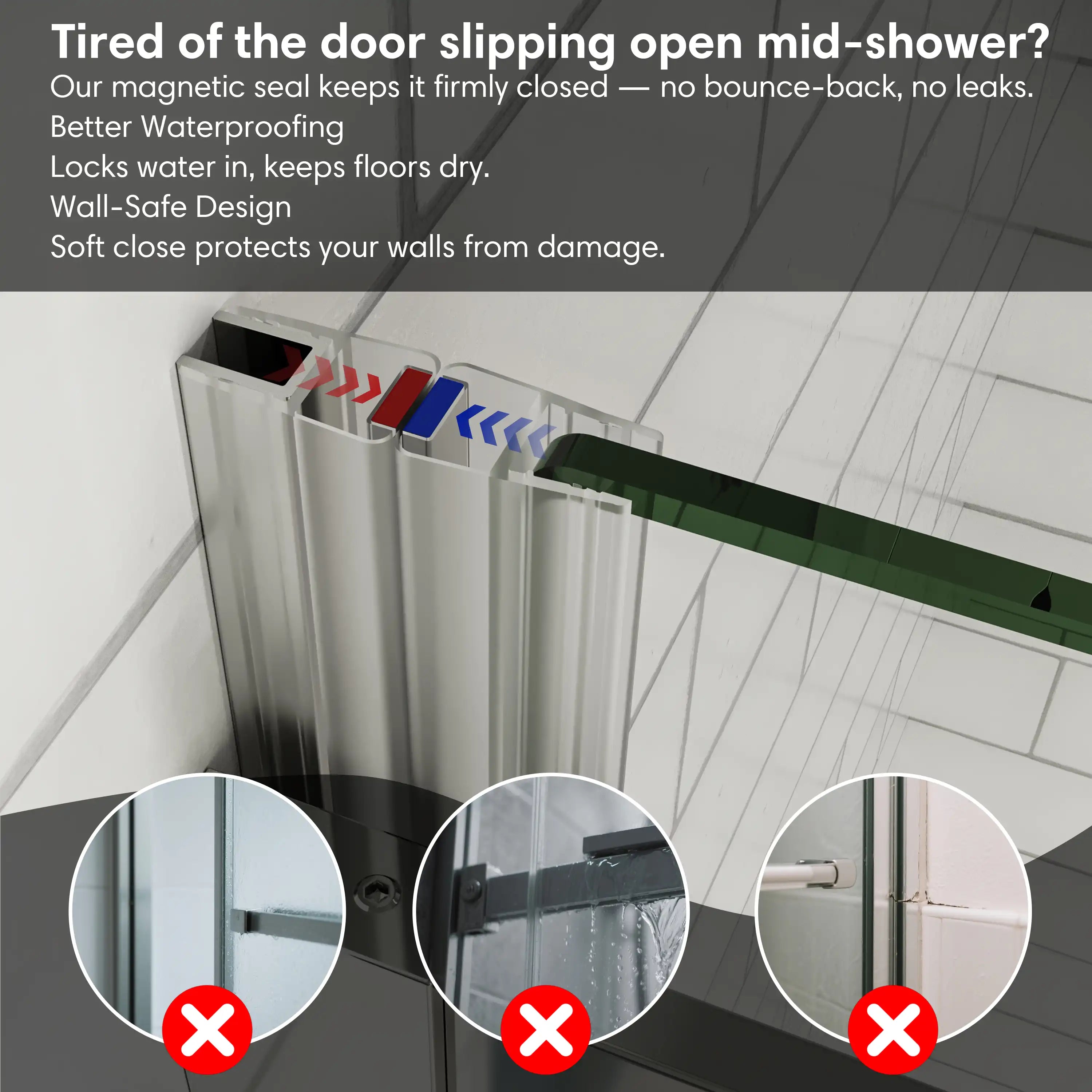 Shower door sliding frameless, size 60 x 74 inches, with magnetic seal closure for waterproofing and secure fit | Ace Decor