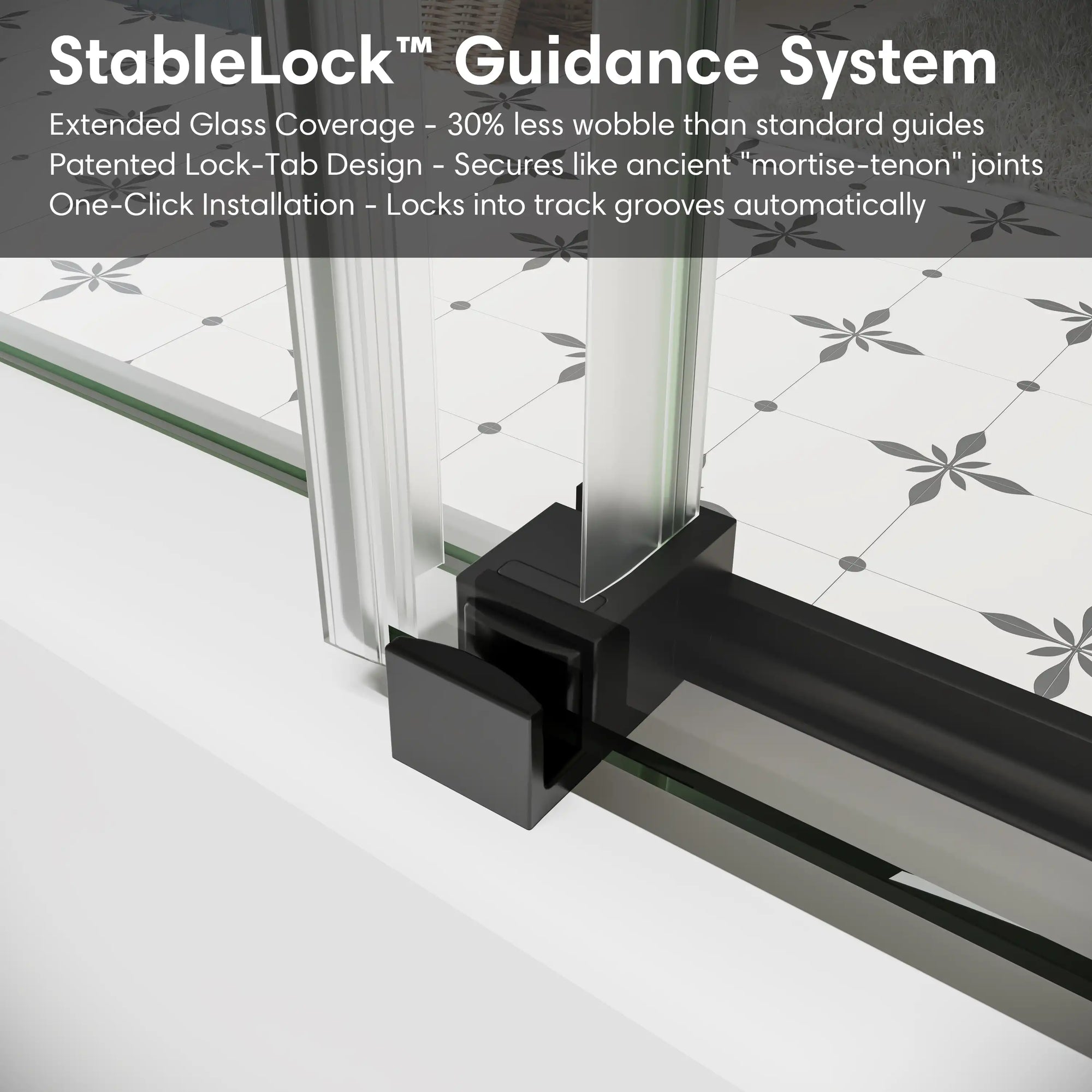 StableLock guidance system with bottom guide block for matte black sliding bathtub door | Ace Decor