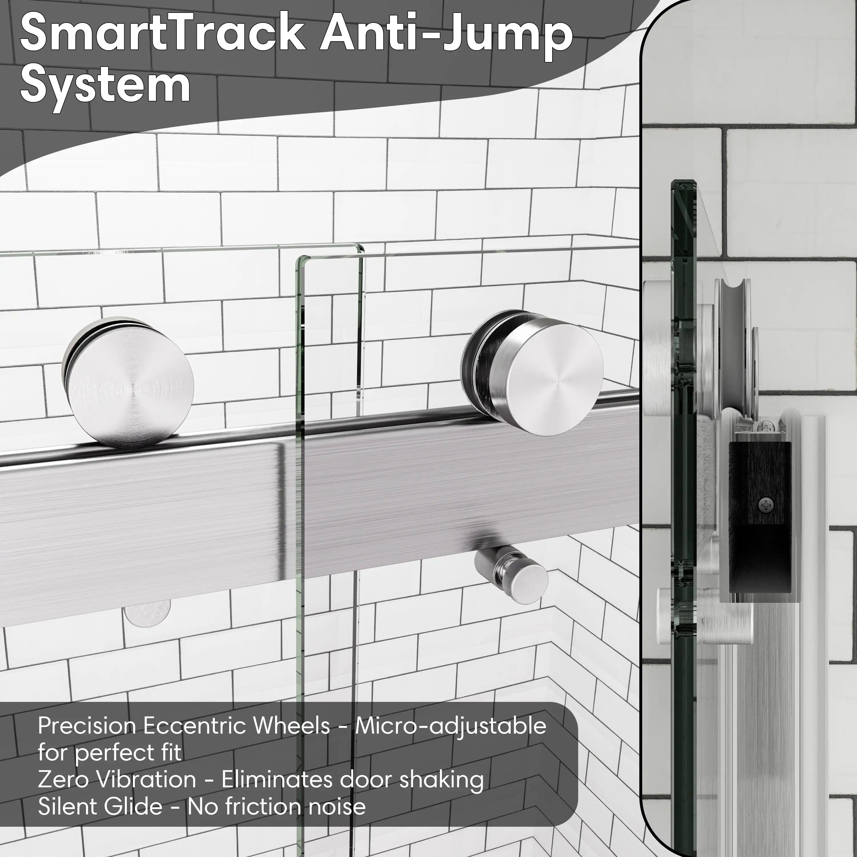 SmartTrack anti-jump system for sliding shower doors brushed nickel, frameless design, size 60 x 74 | Ace Decor