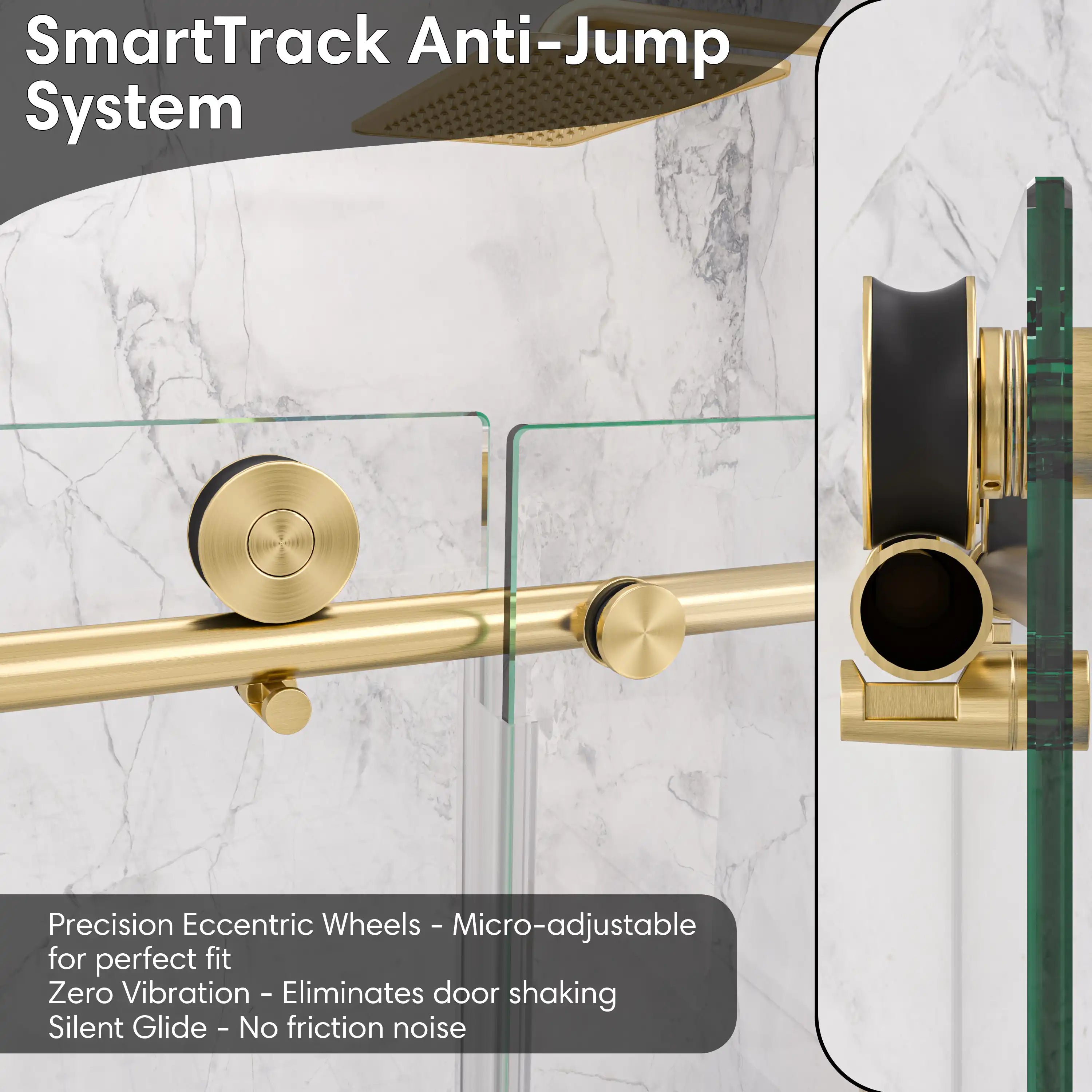 SmartTrack anti-jump system for gold frameless shower door, size 60 x 74 | Ace Decor