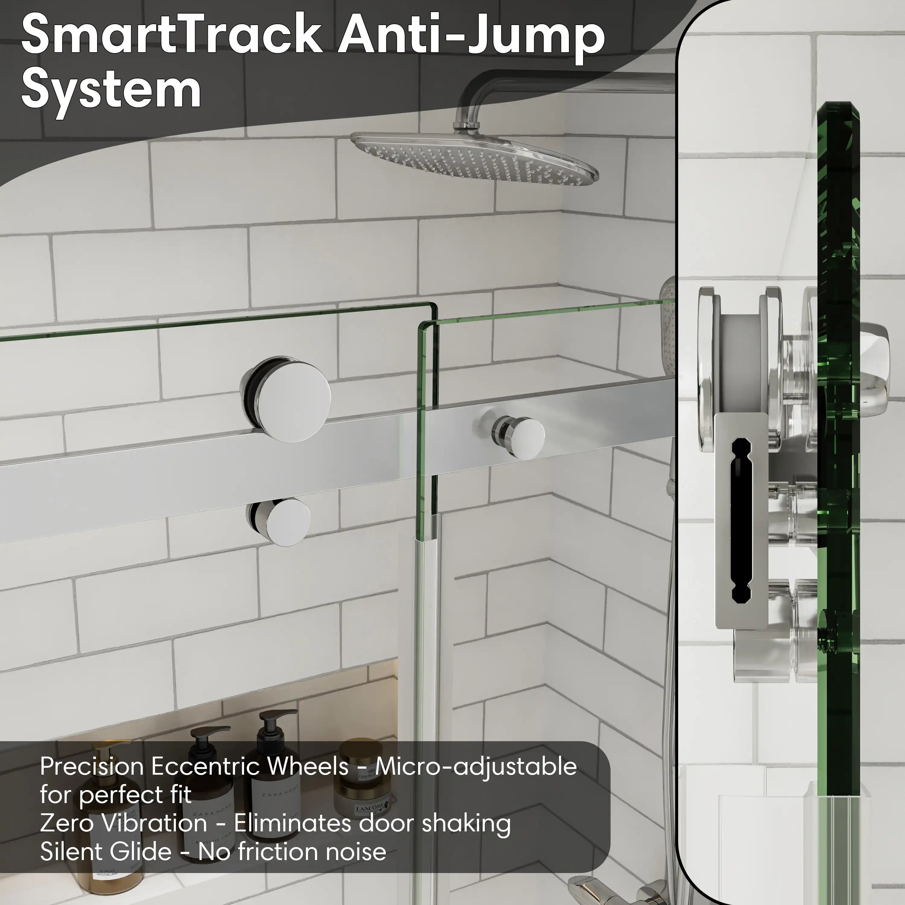 Shower door sliding frameless, size 60 x 74 inches, SmartTrack anti-jump system with precision wheels for smooth and safe operation | Ace Decor