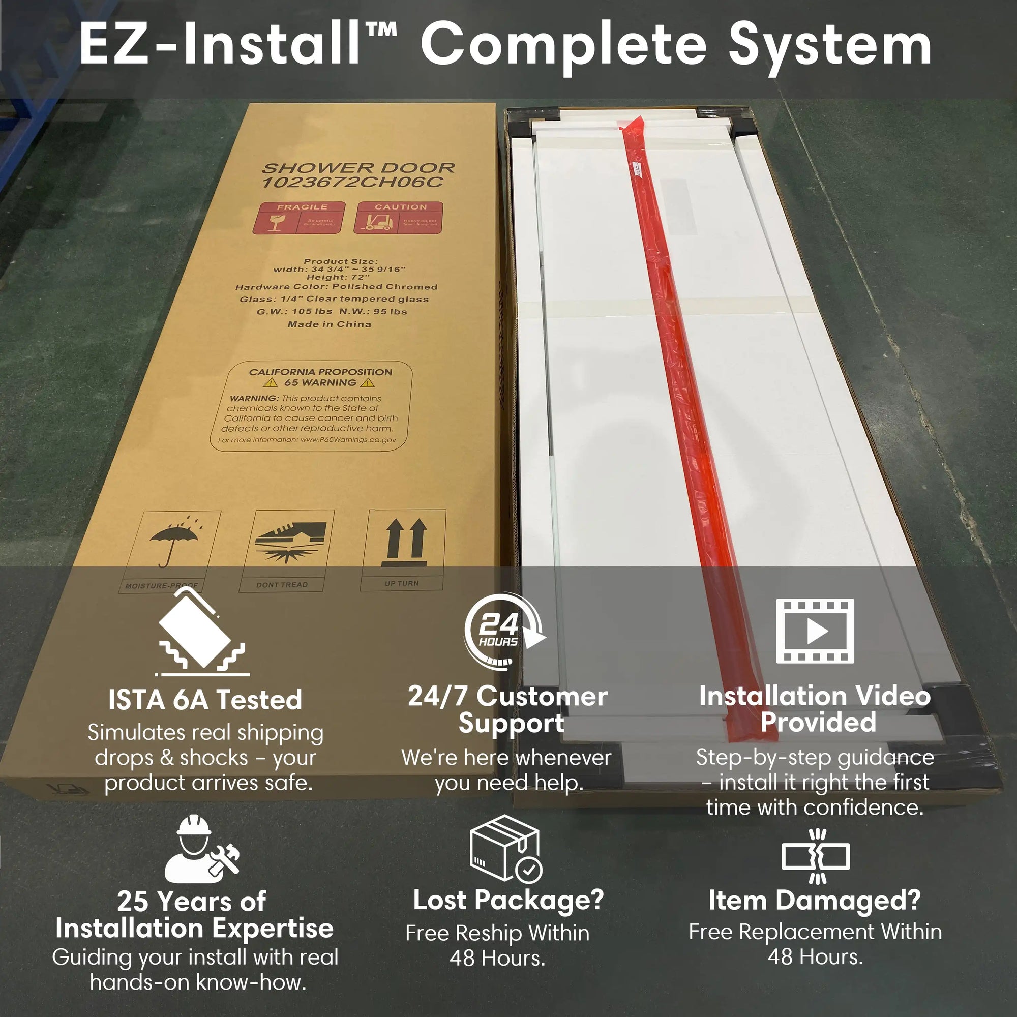 Shower door packaging with EZ-Install complete system, showing box and protective materials | Ace Decor