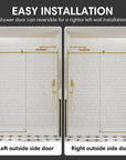Easy-installation 60 x 74 gold frameless shower door shown in reversible left- or right-opening configurations | Ace Decor