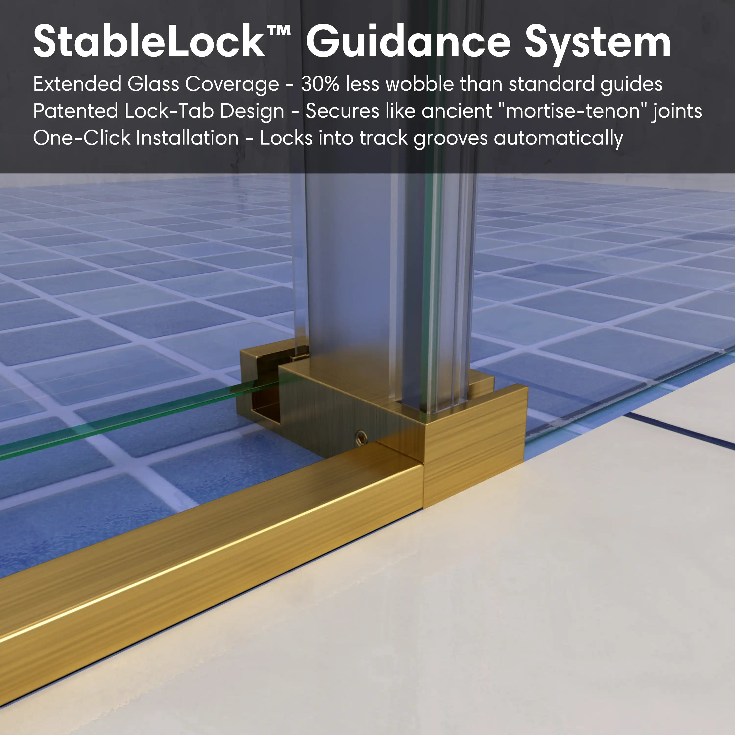 StableLock guidance system at the base of gold frameless shower door, size 60 x 74, ensuring smooth and secure operation | Ace Decor