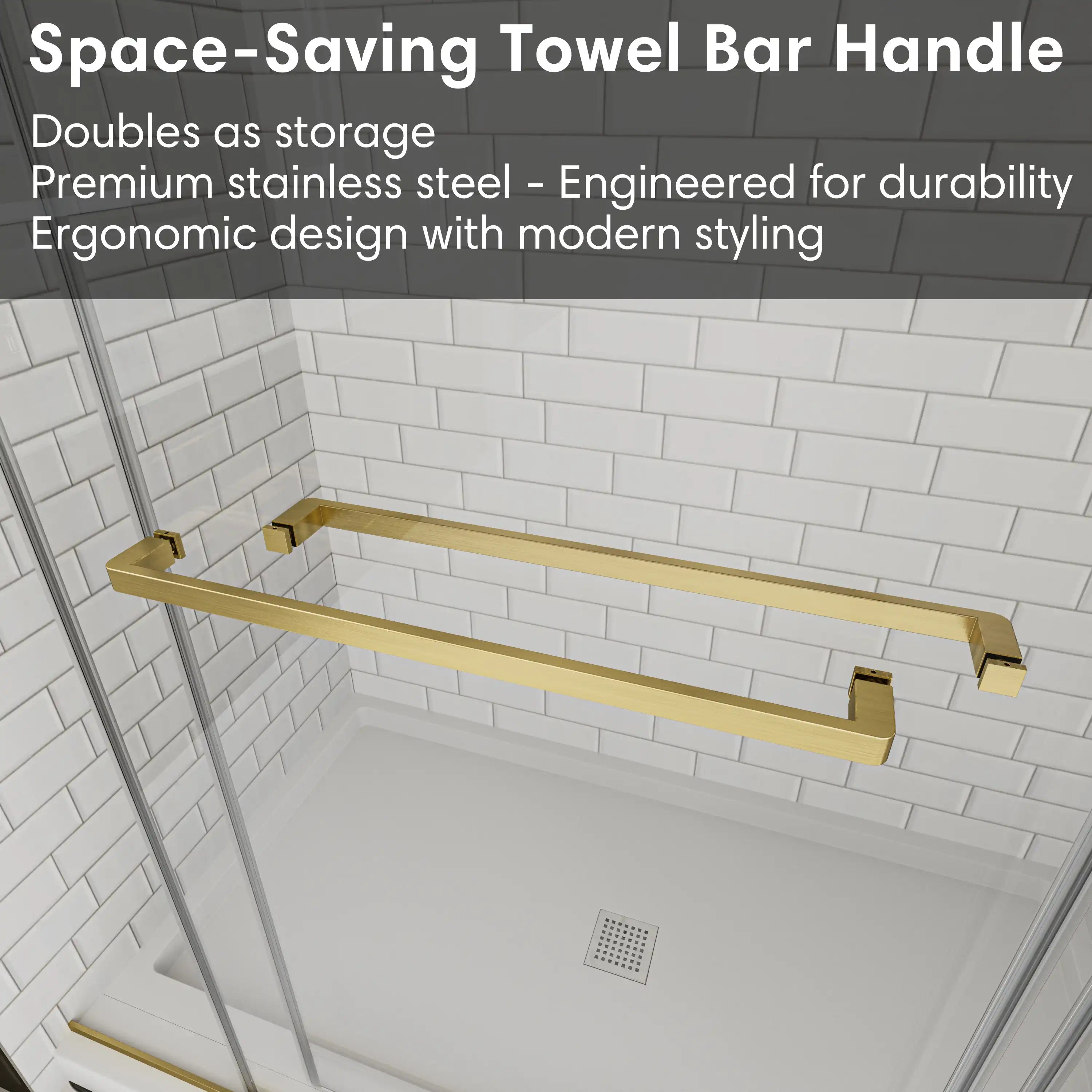 Space-saving towel bar handle on frameless brushed gold shower door 48 x 74, designed for storage and durability. | Ace Decor