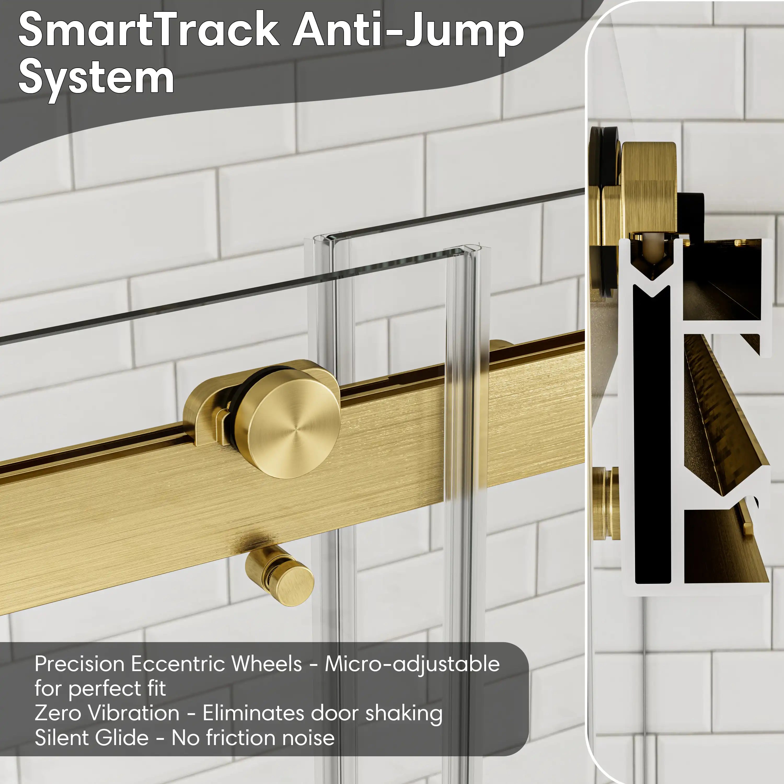 SmartTrack anti-jump system for frameless brushed gold shower door 48 x 74 with precision rollers. | Ace Decor