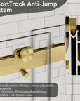 SmartTrack anti-jump system for frameless brushed gold shower door 48 x 74 with precision rollers. | Ace Decor