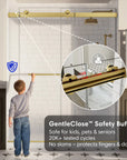 GentleClose safety buffer system on frameless shower door 60 x 74, providing soft-close protection for kids, pets, and seniors | Ace Decor
