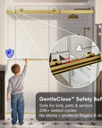 GentleClose safety buffer system on frameless shower door, providing soft-close protection for kids, pets, and seniors.