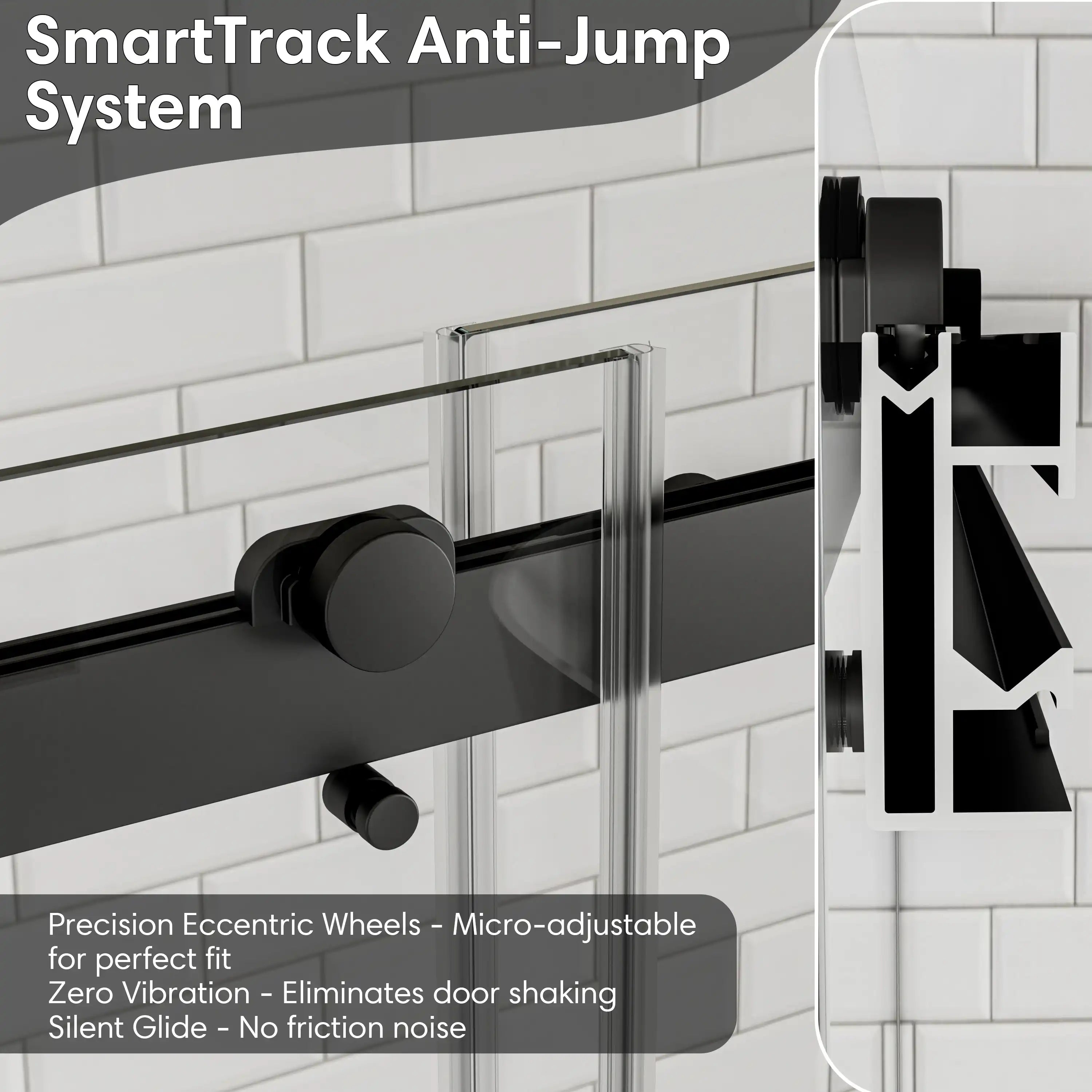 SmartTrack anti-jump system for matte black sliding shower door, frameless 48 x 74 | Ace Decor