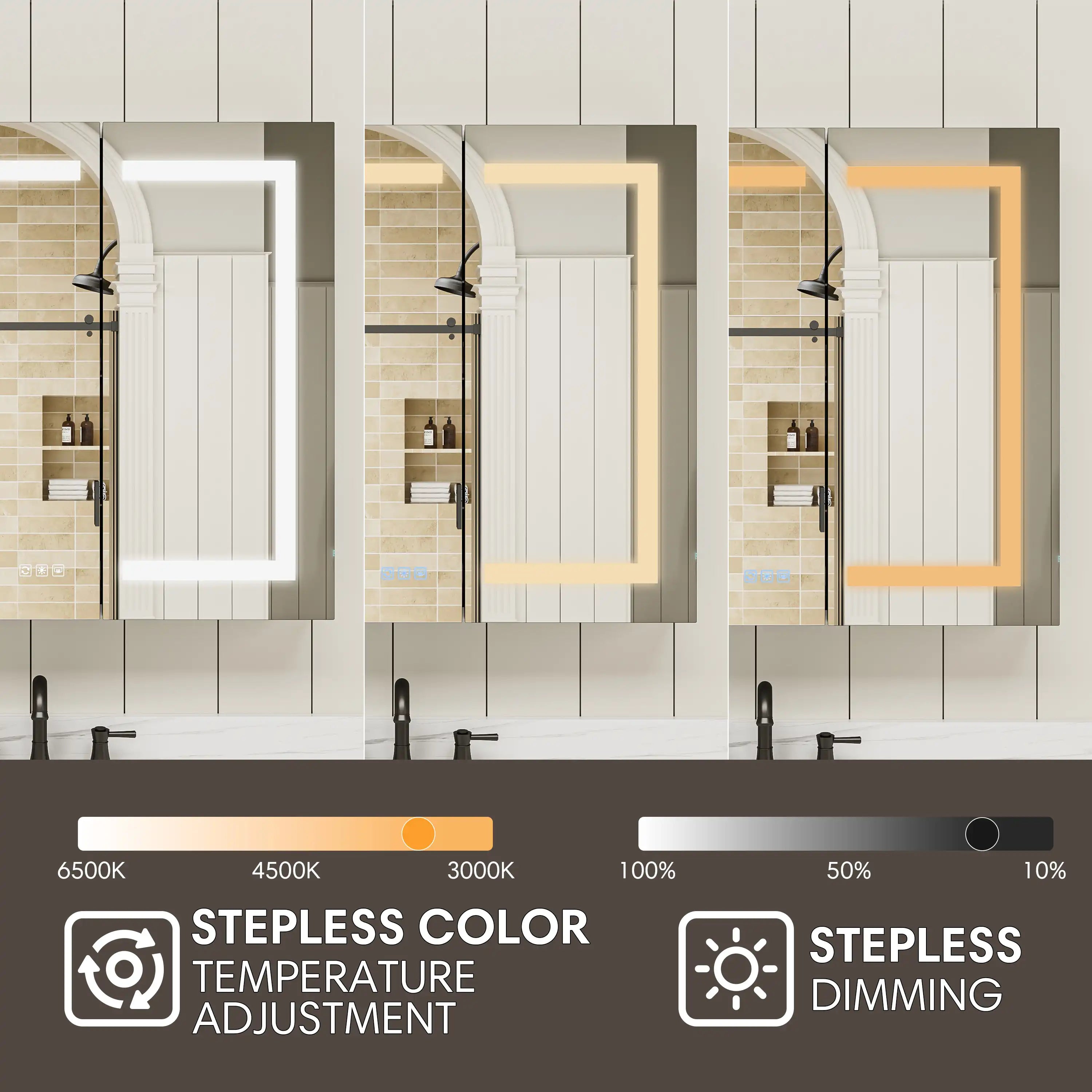 LED lighted medicine cabinet showing stepless color temperature adjustment and dimming demonstration.