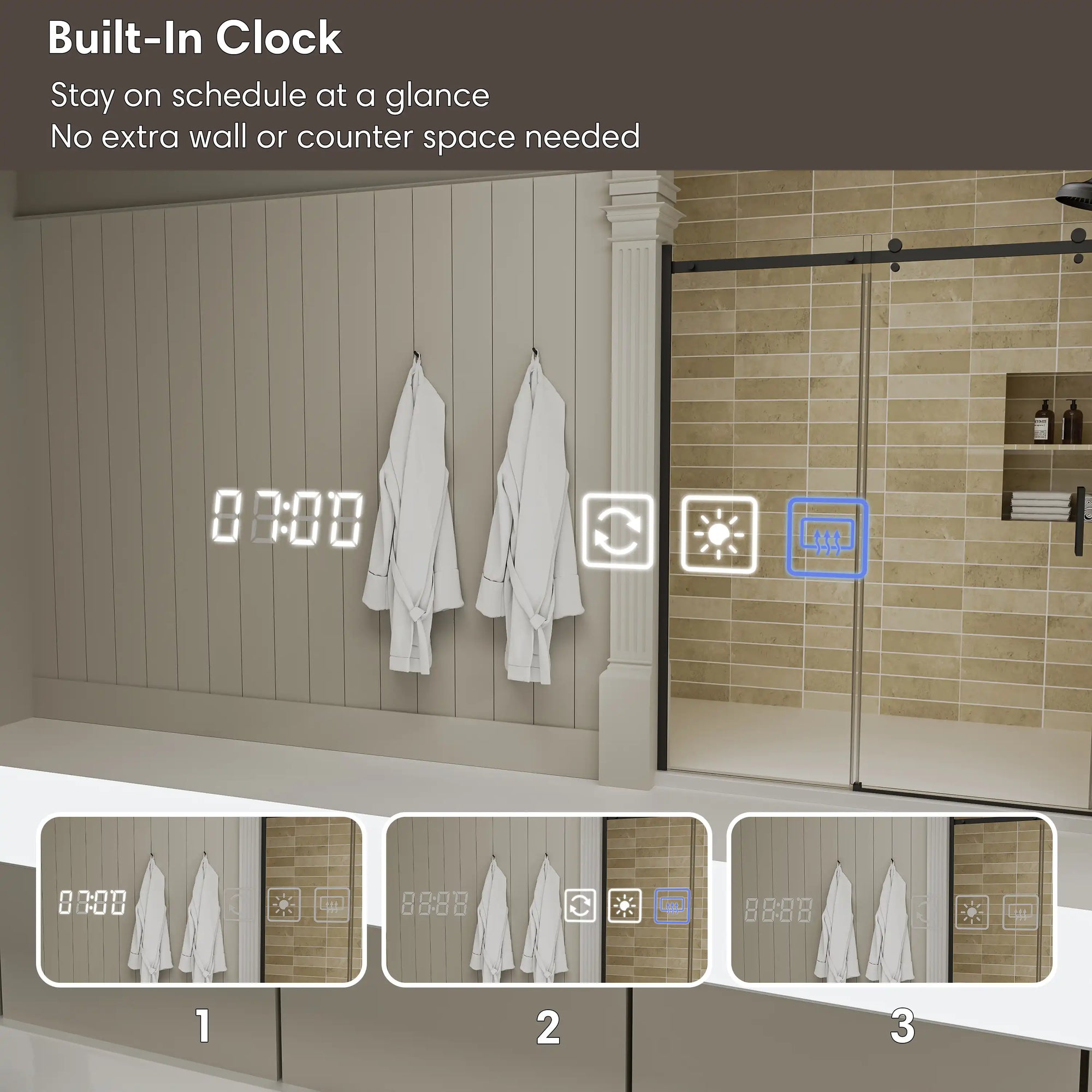Single-door medicine cabinet with digital clock and touch control display.