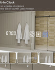 Single-door medicine cabinet with digital clock and touch control display.