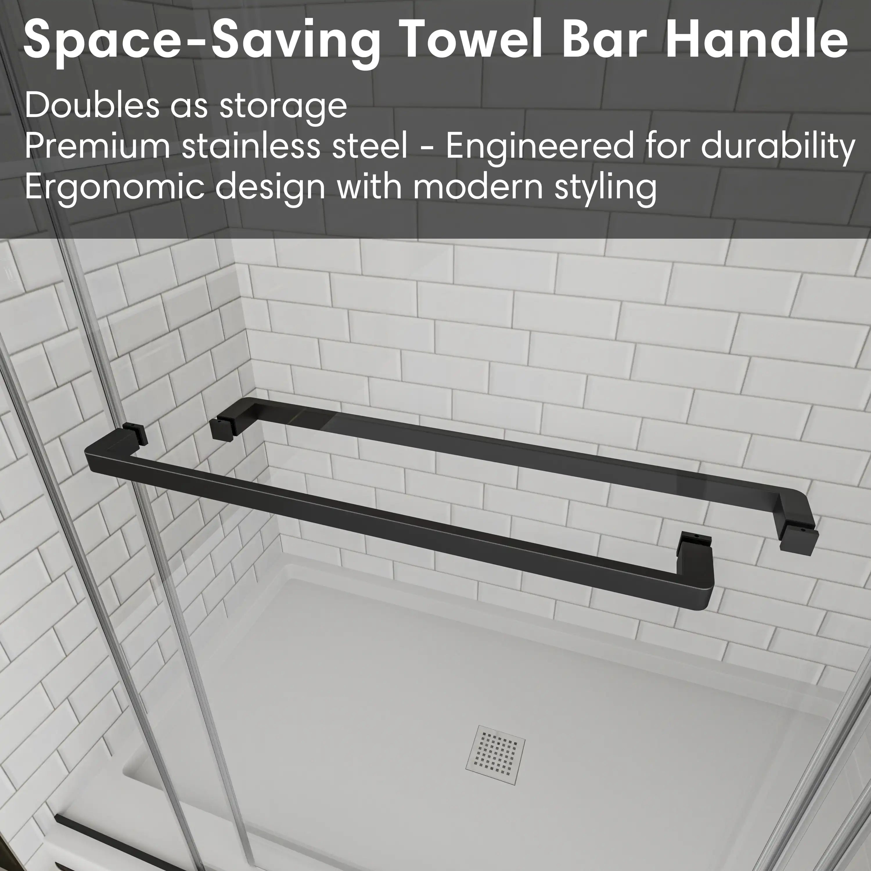 Space-saving towel bar handle on matte black sliding shower door, frameless 48 x 74 | Ace Decor