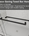 Space-saving towel bar handle on matte black sliding shower door, frameless 48 x 74 | Ace Decor