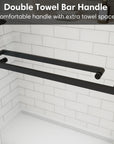 Double towel bar handle on frameless double sliding shower doors, offering extra towel storage and comfort | Ace Decor