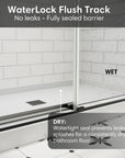 WaterLock flush track on frameless double sliding shower doors prevents leaks and keeps the bathroom floor dry | Ace Decor
