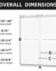 Overall dimensions diagram for a 60 x 76 frameless glass sliding shower door | Ace Decor