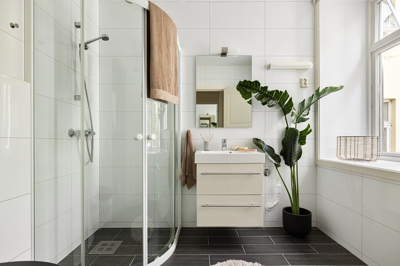 A modern and minimalistic bathroom featuring a glass shower, a floating vanity, and a large green plant beside a bright window. |ACE DECOR