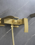 AURELIA Brushed Gold Wall-Mounted Bathtub Faucet upward angle view showing tub spout detail.