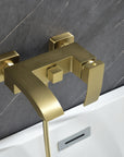 AURELIA Brushed Gold Wall-Mounted Bathtub Faucet close-up view installed above tub.