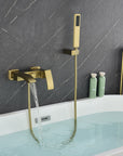 AURELIA Brushed Gold Wall-Mounted Bathtub Faucet filling tub with steady water flow.