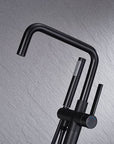 Close-up of Black Freestanding Tub Faucet spout and handheld shower, sleek matte black finish for modern bathroom design.
