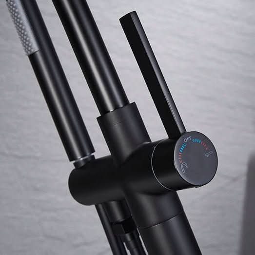 Close-up of Black Freestanding Tub Faucet handle with hot and cold indicators.