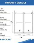 Product dimension diagram of 60 x 76 frameless shower doors near me showing adjustable width and walk-in measurements | Ace Decor.