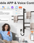 Smart heated towel rack with mobile app and voice control compatible with Alexa and Google Assistant.