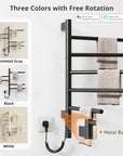 Black heated towel rack with 180° rotation and sturdy metal base, available in three colors | Ace Decor