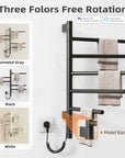 Black heated towel rack with 180° rotation and sturdy metal base, available in three colors.