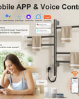 Smart towel heater rack with mobile app and voice control via Alexa and Google Assistant.