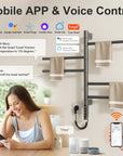 Smart towel heater rack with mobile app and voice control via Alexa and Google Assistant.