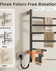 Gunmetal gray towel heater rack with 180° rotation and metal base, available in three colors.