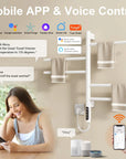 Smart towel rack heater with WiFi mobile app and voice control via Alexa and Google Assistant.