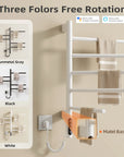 Three-color towel rack heater with 180-degree rotation design in white, black, and gunmetal gray.