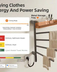 energy-saving gray heated towel rack with shelf 18 x 27 for bathroom drying and timing mode | Ace Decor