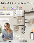 Smart gray heated towel rack with shelf 18 x 27 supporting Alexa and Google voice control.