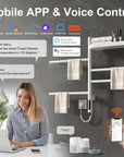 Modern wall mounted heated towel rack 18 x 27 compatible with Alexa and Google Assistant.