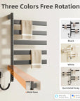 Velin Series electric towel warmer for bathroom available in black, white, and gunmetal gray finishes.