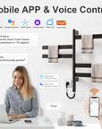 Smart app and voice control features of Velin black electric towel warmer for bathroom compatible with Alexa and Google Assistant.