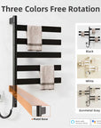 Velin Series heated towel rack available in black, white, and gunmetal gray finishes.