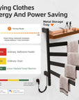 18 x 30 matte black heated towel rack with energy-saving timing mode and metal storage tray.
