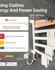 18 x 30 white heated towel rack with smart timer, low energy consumption, and metal storage tray.