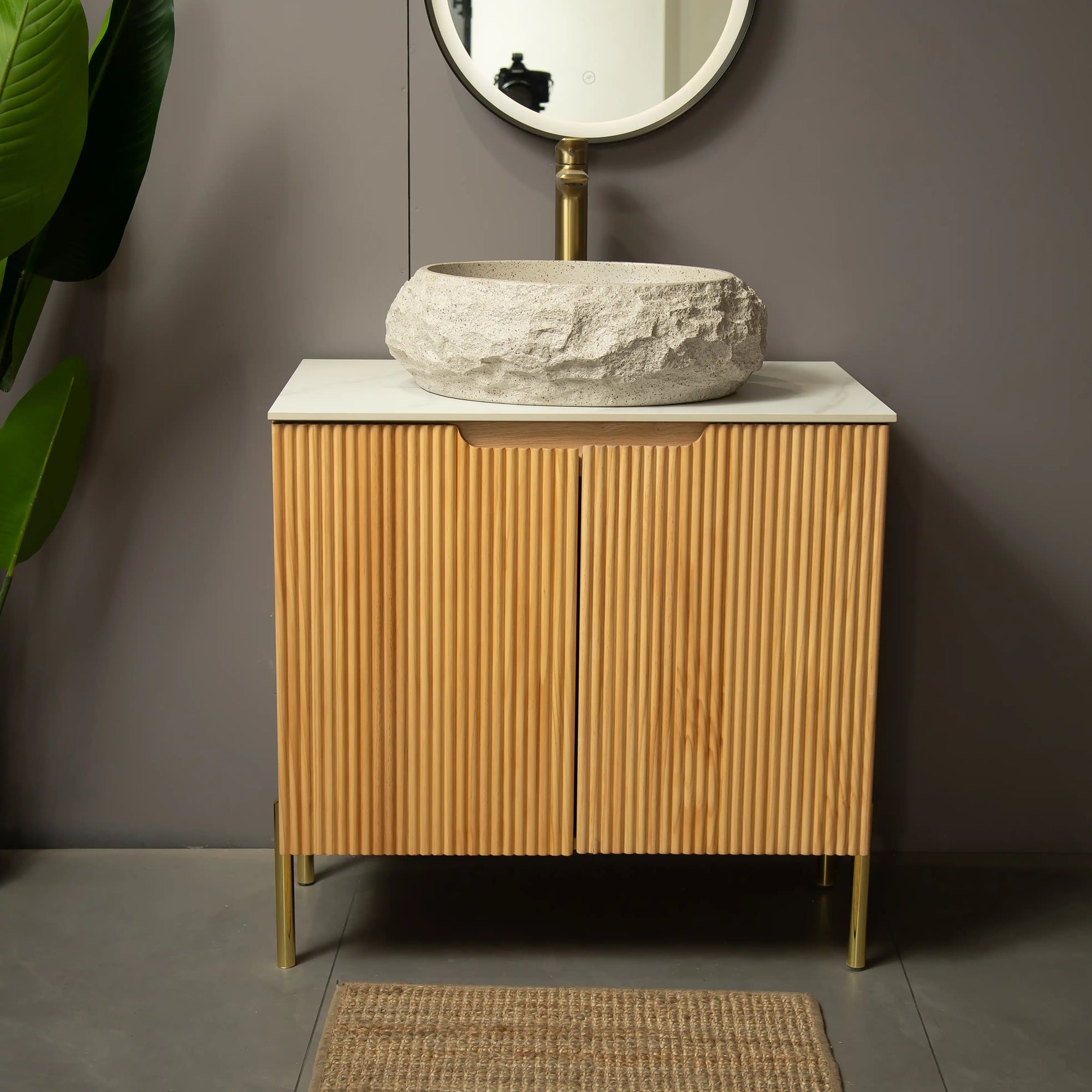 Astra Series 18" Oval Sculpted Resin Stone Vessel Basin in ivory displayed on wooden vanity, front view | ACE DECOR